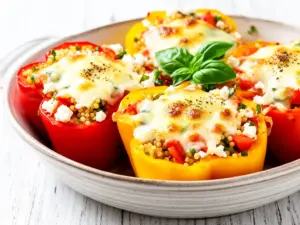 cheesy mediterranean stuffed bell peppers - featured image