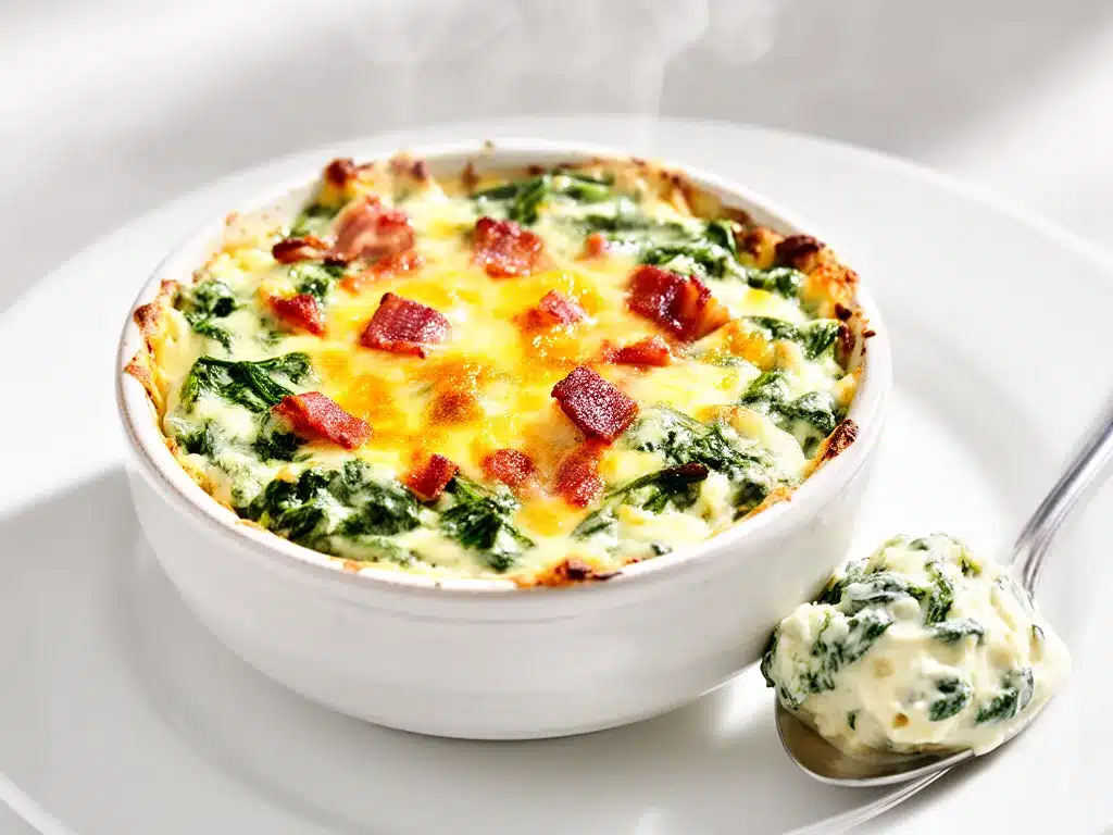 Hot Cheesy Spinach Bacon Dip Recipe Easy 5-Ingredient Crowd Pleaser 4 hot cheesy spinach bacon dip preparation steps