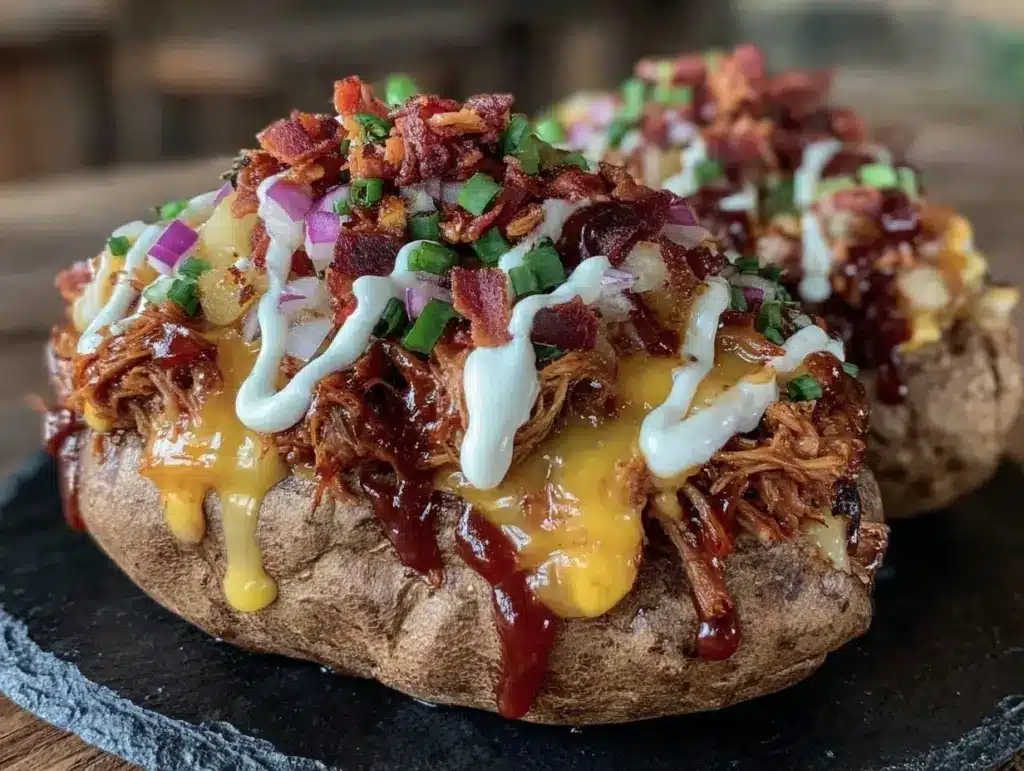 game day loaded pulled pork baked potatoes - featured image