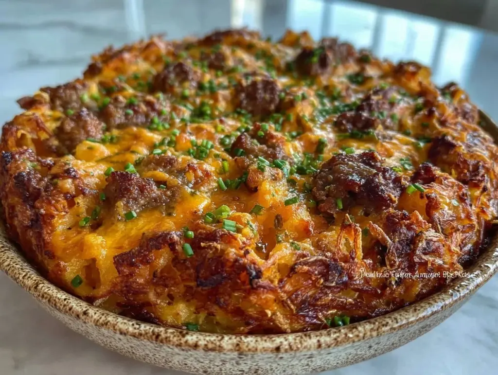 Home 3 cheesy sausage hash brown breakfast casserole - featured image