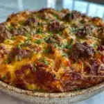 cheesy sausage hash brown breakfast casserole - featured image