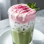 creamy frozen strawberry matcha latte - featured image