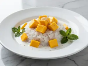 dairy-free coconut mango sticky rice pudding - featured image