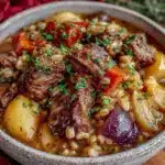 fall slow cooker beef and barley stew - featured image