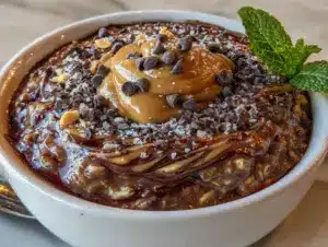 high-protein chocolate peanut butter overnight oats - featured image